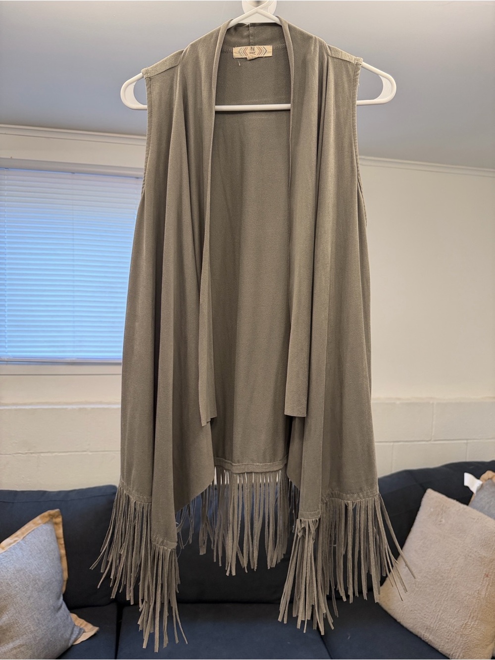 Fringed Open Front Vest in Olive Gray